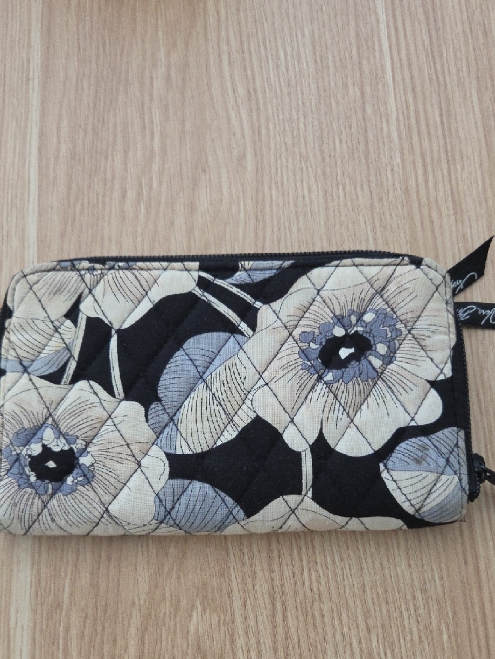 Vera Bradley Black Floral Quilted Zip Wallet with Cream and Gray Blooms